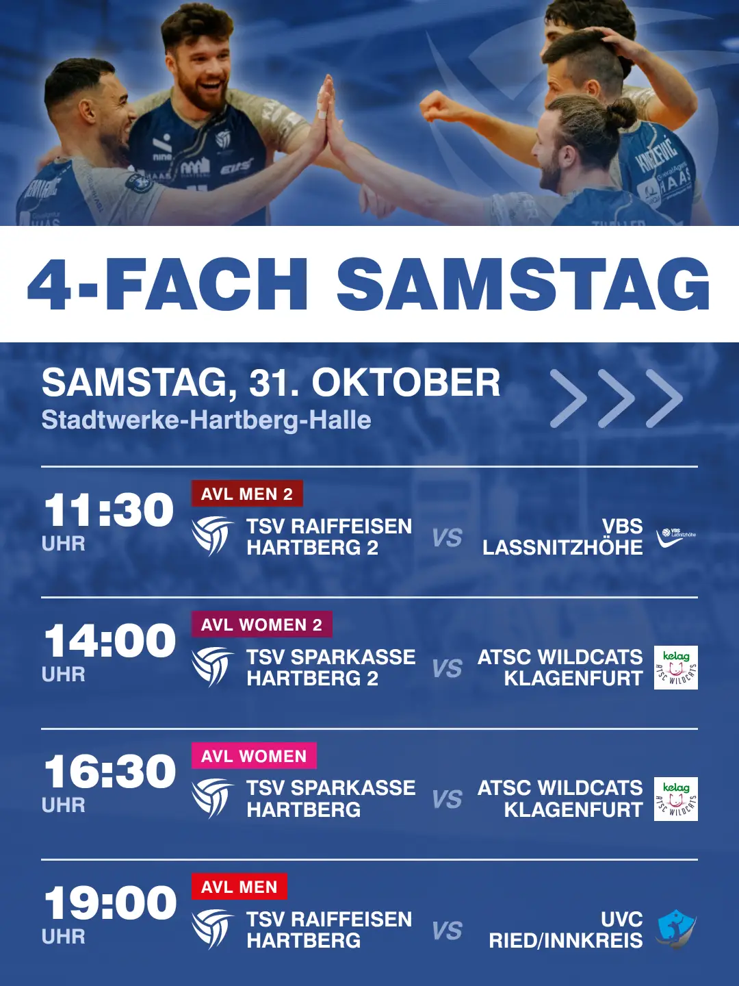 Vierfach-Heimspieltag am Samstag: Volleyball pur in der Stadtwerke-Hartberg-Halle!
